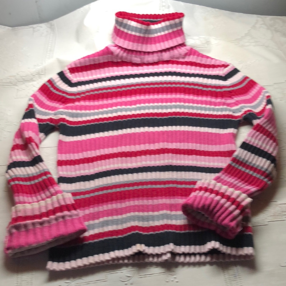 Girls Striped Pink and Black Turtleneck Sweater